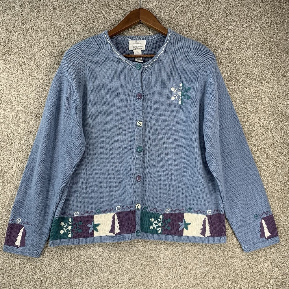 NWT Christopher & Banks XL‎ Hand Embroidered Christmas Cardigan Blue Granny Core